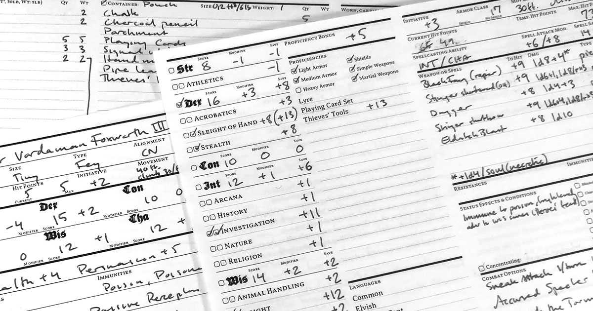 Closeup of character sheets, partially filled in